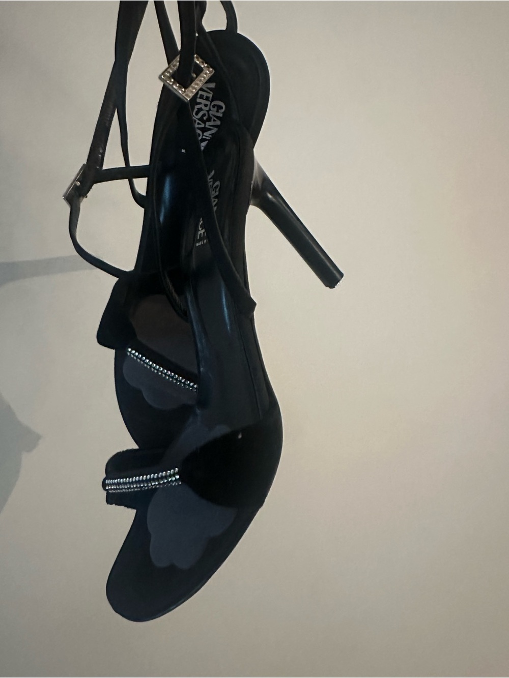 Vintage Versace Black Crystal-Trim Velvet Strappy Heeled Sandals 7.5